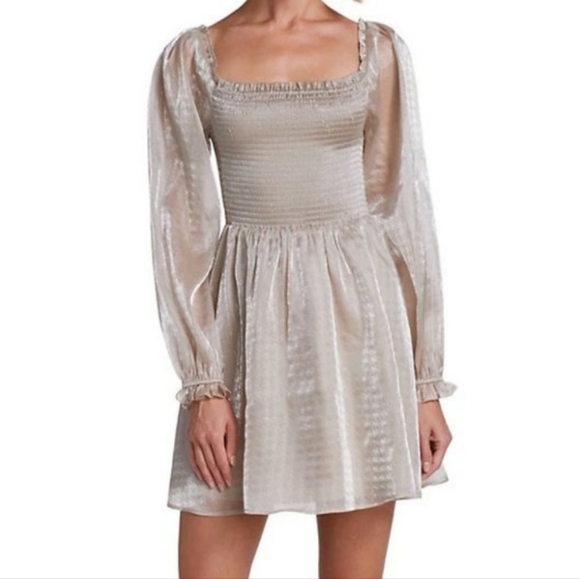 NWT Wayf Shiny Hounstooth Print Satin Smocked Puff-Sleeve Square Neck Mini dress - Picture 2 of 5